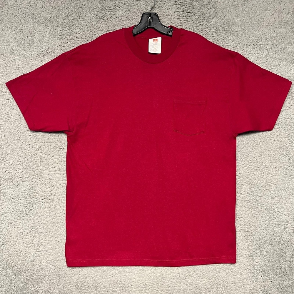 VTG Hanes T Shirt Men's Size Large Red 100% Cotton Crew Neck Blank Pocket Tee